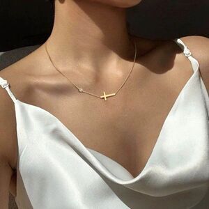 Gold Sideways Cross Necklace Cubic Zirconia Charm
